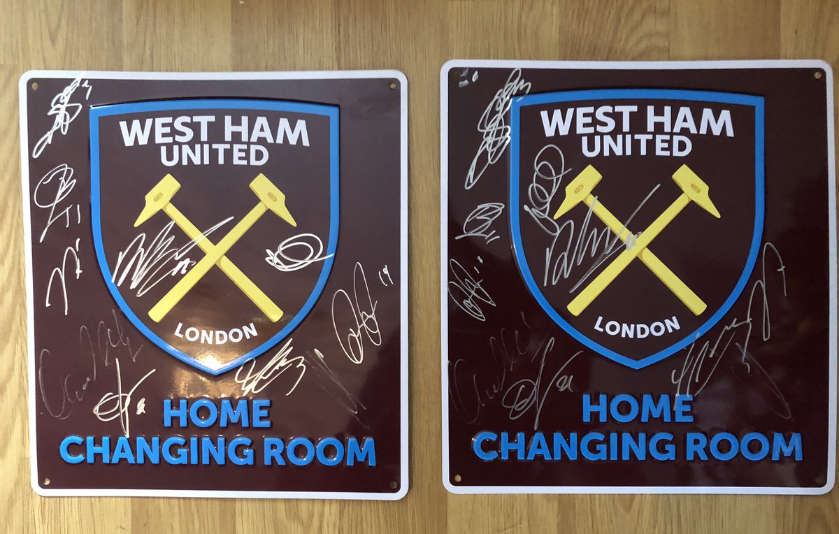 Have one of these left only £40 a metal home changing sign signed by 10 skipper mark noble,Declan rice, Manuel pellegrini, Manuel lanzini plus 6, comes with letter of authenticity from myself ⚒ message if interested only 1 left