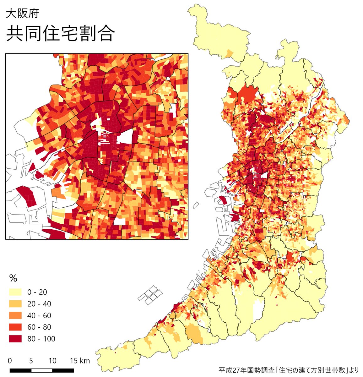 永太郎 ながたろう 色分け日本地図 発売中 住宅の建て方別世帯割合map 大阪に引き続き 東京でも住宅の地図 を作ってみた 共同住宅 長屋建 一戸建の順に同心円状に広がっている点は大阪と同じ しかし 東京のほうが長屋建の割合が低い