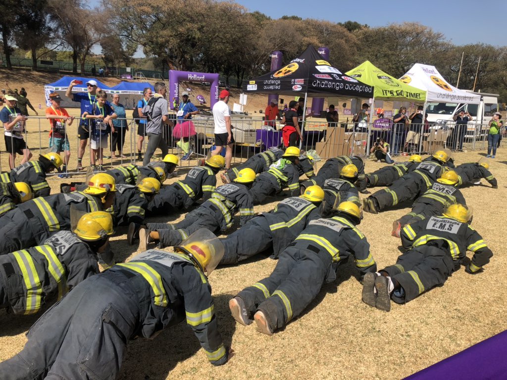 Hollard's tweet photo. They finished off the #HollardJURA2019 with some push-ups😱😱Well done to our fire fighters💜 @CityofJoburgZA https://t.co/gQgDM9aKNJ