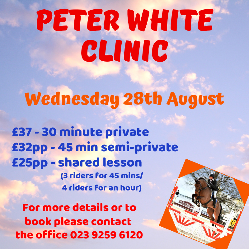 CatheringtonEC's tweet photo. Due to a cancellation we have a 30 minute private slot available for the Peter White clinic on Wednesday at 6.30pm.  The cost is £37, contact the office to book. 🐎📞 https://t.co/UbBpea9InI