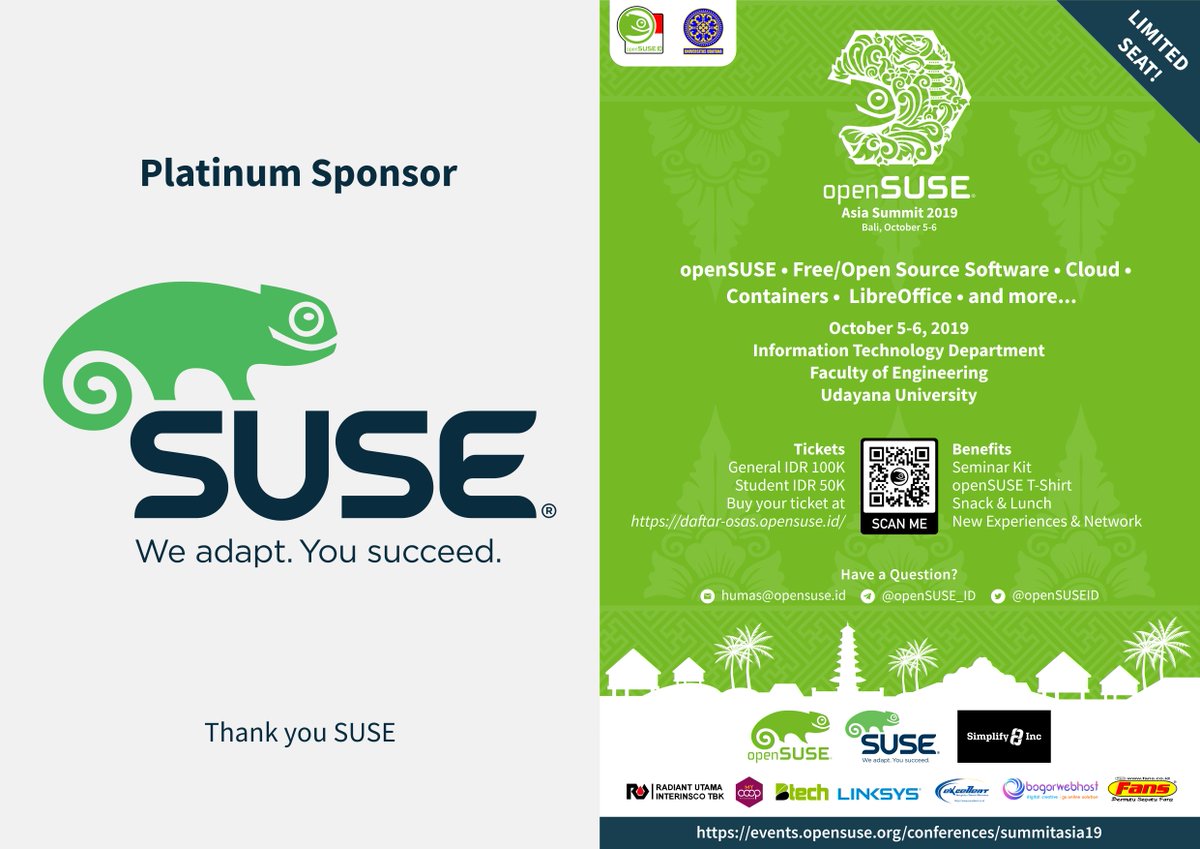 Thank you <a href="/SUSE/">SUSE</a> for platinum sponsor on openSUSE.Asia Summit 2019