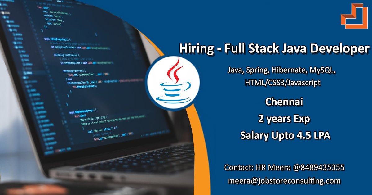 job_storec's tweet image. Hiring Full Stack Java Developer
Chennai
Exp: 2+ years
Skills: Java, Spring, Hibernate, MySQL, HTML/CSS3/Javascript
Salary up to 4.5 LPA
Contact: HR Meera @8489435355 / meera@jobstoreconsulting.com

#HiringJavaDeveloper #JobsinChennai #Jobs #Jobvacancy #FullStackJavaDeveloper