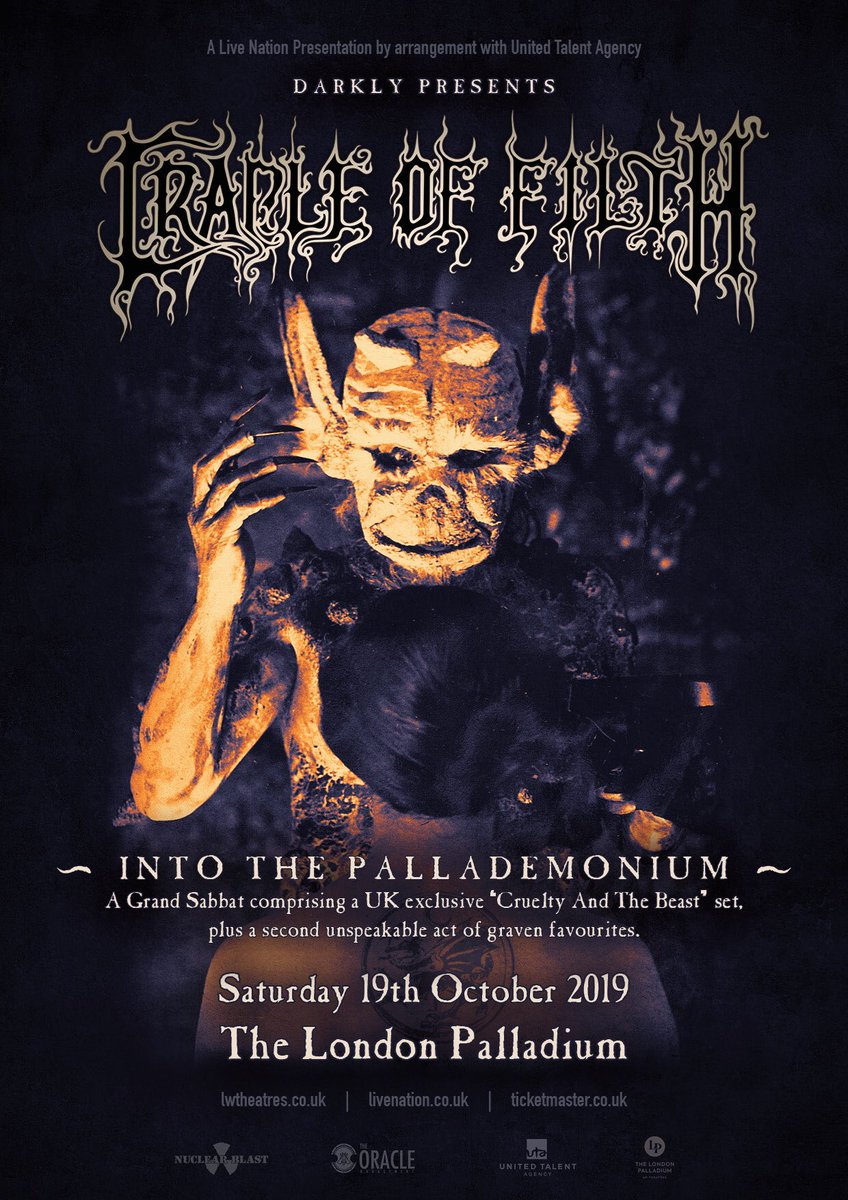 🦇 TICKETS NOW ON SALE! 🦇

CRADLE OF FILTH ANNOUNCE SATURDAY NIGHT AT THE LONDON PALLADIUM!

A SPECIAL UK EXCLUSIVE
'CRUELTY AND THE BEAST' SHOW!

Tickets: lwtheatres.co.uk/whats-on/cradl…

Saturday 19th October - <a href="/LondonPalladium/">The London Palladium</a> 
#CradleofFilth #London