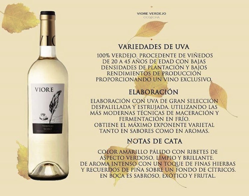 ¿Te gustaría saber más sobre nuestro Viore Verdejo de DO Toro? Os dejamos con su ficha; variedad de uva, elaboración y cata. Todo lo necesario para disfrutar de este gran vino.

#BodegasViore #MejorConViore #Wine #WineLovers #DOToro #Enoturismo #EturismoEspaña #CataVino