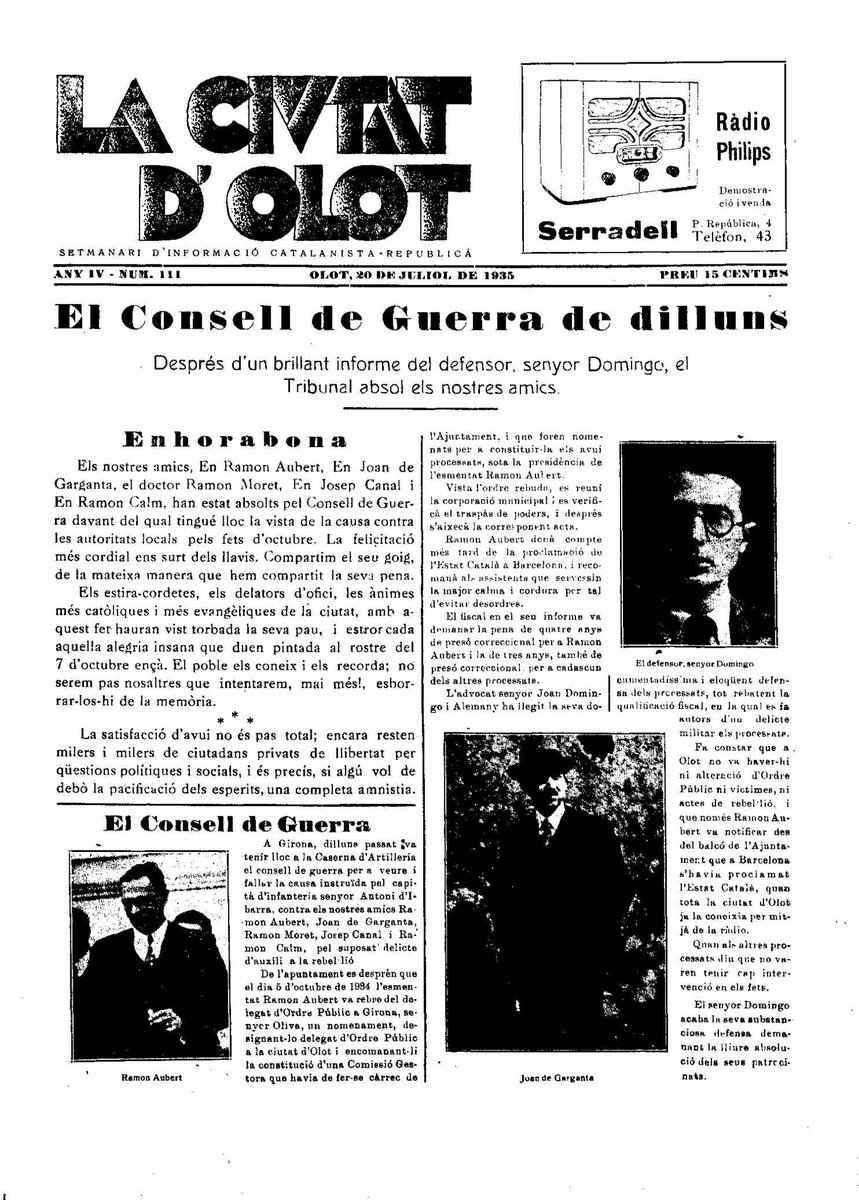 exjugadorsueolo's tweet photo. Portada del Setmanari catalanista i Republica Ciutat d'Olot juliol 1935 acusats de rebelió #finalment absolts https://t.co/SzziZoJUUT