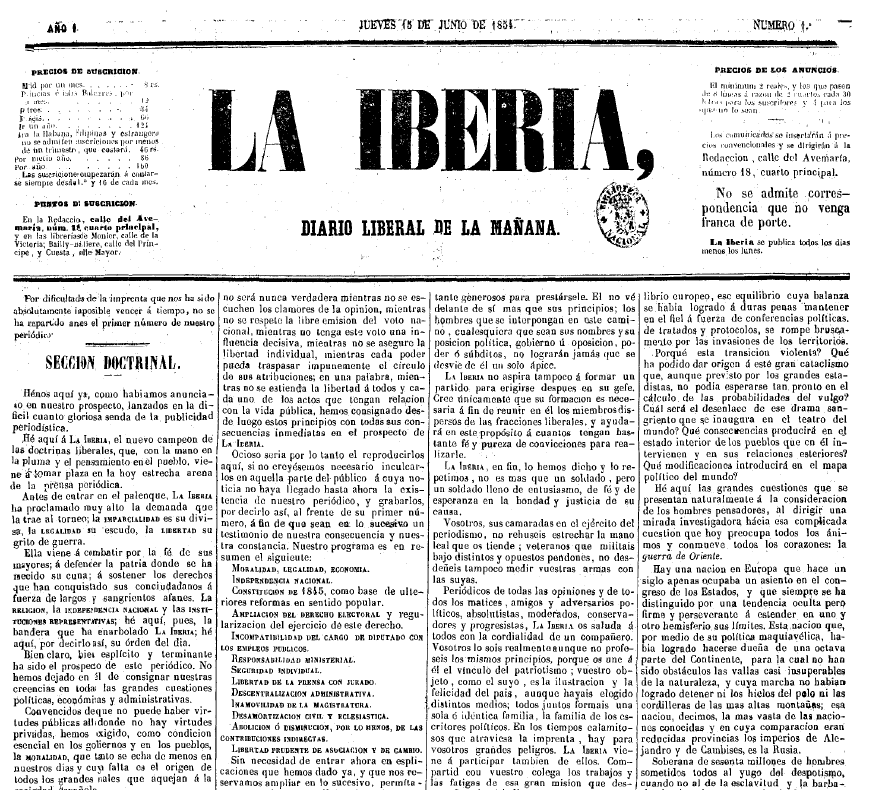 EL ROMATICISMO ESPAÑOL  #PUBLICACIONESLa Iberia / La Nueva Iberia (1854 y 1898): periódico liberal publicado en Madrid. Fue adquirido por Sagasta, alcanzando su máxima difusión y sirviéndole para criticar al gobierno y preparar la Revolución de 1868. http://hemerotecadigital.bne.es/results.vm?q=parent%3A0005515342&s=0&lang=en