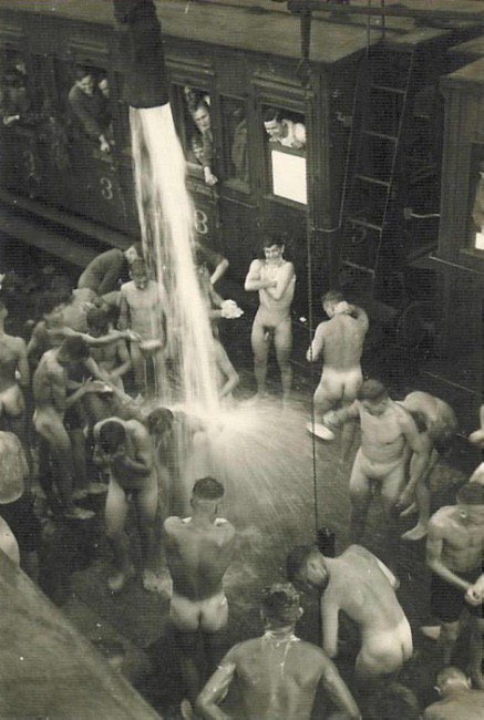 CDNMeat's tweet photo. Troop washing up while travelling by train. #CommunalBathing #CommunalShower https://t.co/HaCYD8npc5