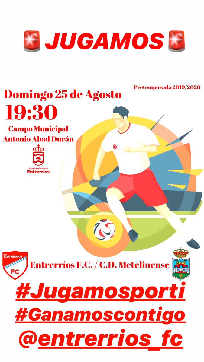 EntrerriosFC's tweet photo. 🚨¡¡¡ JUGAMOS!!!🚨
⚽️Pretemporada 2019/2020
🏟Antonio Abad Durán “El Sevillano”
📅Domingo 25 de Agosto
⏰19:30

@entrerrios_fc 🆚 @cdmetelinense
Ven a animar a tu equipo y hazte soci@!!! https://t.co/9YyzZVrmzk