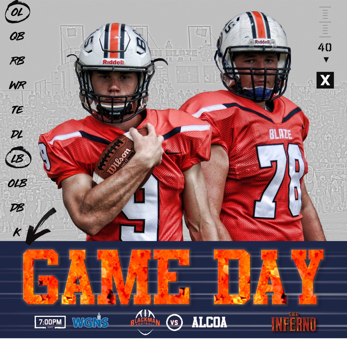 BlackmanFtball's tweet photo. WAKE UP! It's GAME DAY!

🏈: Blaze vs @alcoafootball
 
⏰: 7 pm

📍: @TheInferno_BHS / Bart Smith Field

📻 101.9, 100.5, 1450 (@WGNSSports)

#WeAreBlackman #MurfreesboroTN #Elevate #TheBrotherhood https://t.co/e88gi33BwM