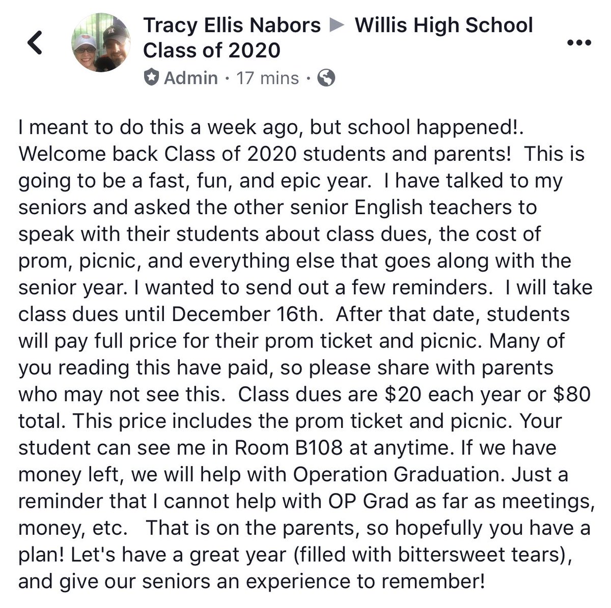 LBeamEngTeacher's tweet photo. Listen up Class or 2020! #ItsYourYear #ProudOfYouAll #prom #classDues https://t.co/F3ThpOChZo