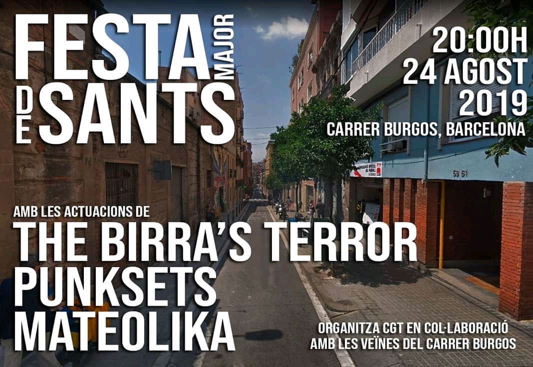 CGTCatalunya's tweet image. Aquesta nit a l&apos;espai #SalvadorSeguí al carrer Burgos de Sants, concert amb @MateolikaPunk, @Punksets i @TheBirrasTerror #FMAS2019 @FmaSants