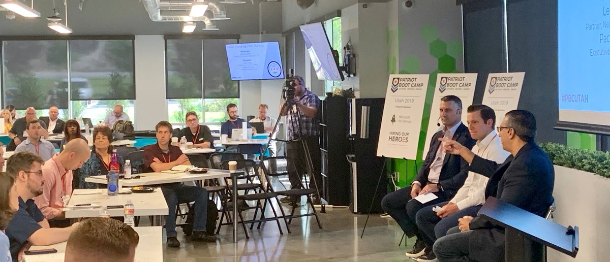 LifeatMX's tweet photo. "We like to see a business have an 18-24 month runway before a fund raise." --Les Craig @nextfrontiercap, along with Kevin Eckert, TFX Capital and Paco Rivera @USAA on Funding Your Startup panel at Patriot Boot Camp today at MX. #PBCUTAH 
@patriotbootcamp
 #military #veterans https://t.co/k0kMBUiIP1
