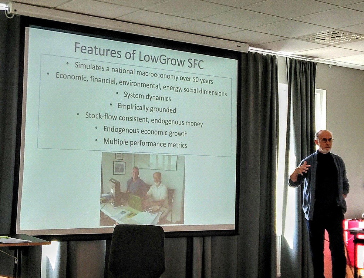 KTrebeck's tweet photo. Peter Victor presenting findings of his low growth by design modelling w @ProfTimJackson at #AdaptEcon gathering.
Even better than the theoretical proof of an economy that's #betterthangrowth this offers, Peter just answered his phone accidentally so we got to wave to his wife! https://t.co/5iNv18lsyq