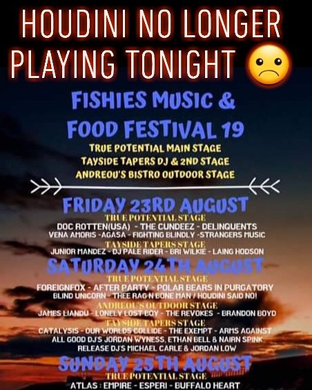 ⚠️⚠️Gig Update⚠️⚠️
We will no longer be playing the Fishies Music &amp; Food Festival in Arbroath later tonight. The event has loads of awesome live music so please still go and check it out. 
Apologies to folks that were hoping to see us tonight.