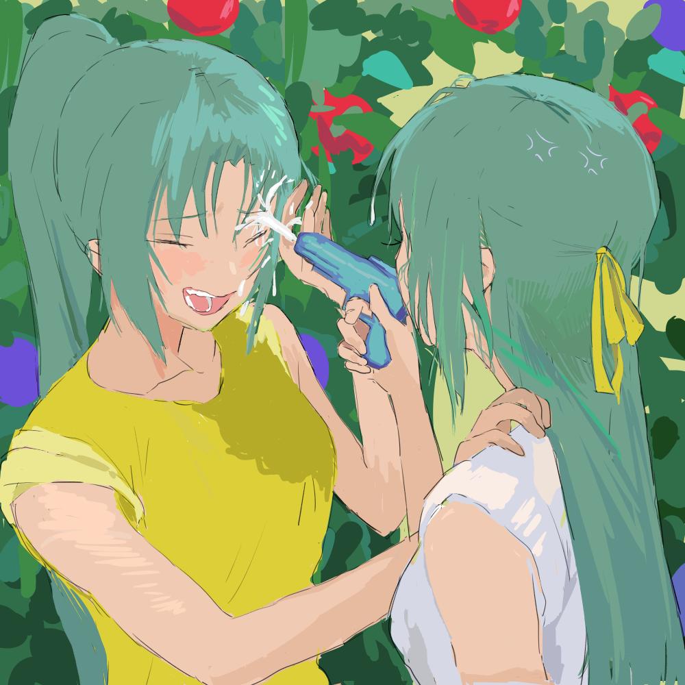 sonozaki mion ,sonozaki shion multiple girls sisters 2girls water gun siblings twins green hair  illustration images