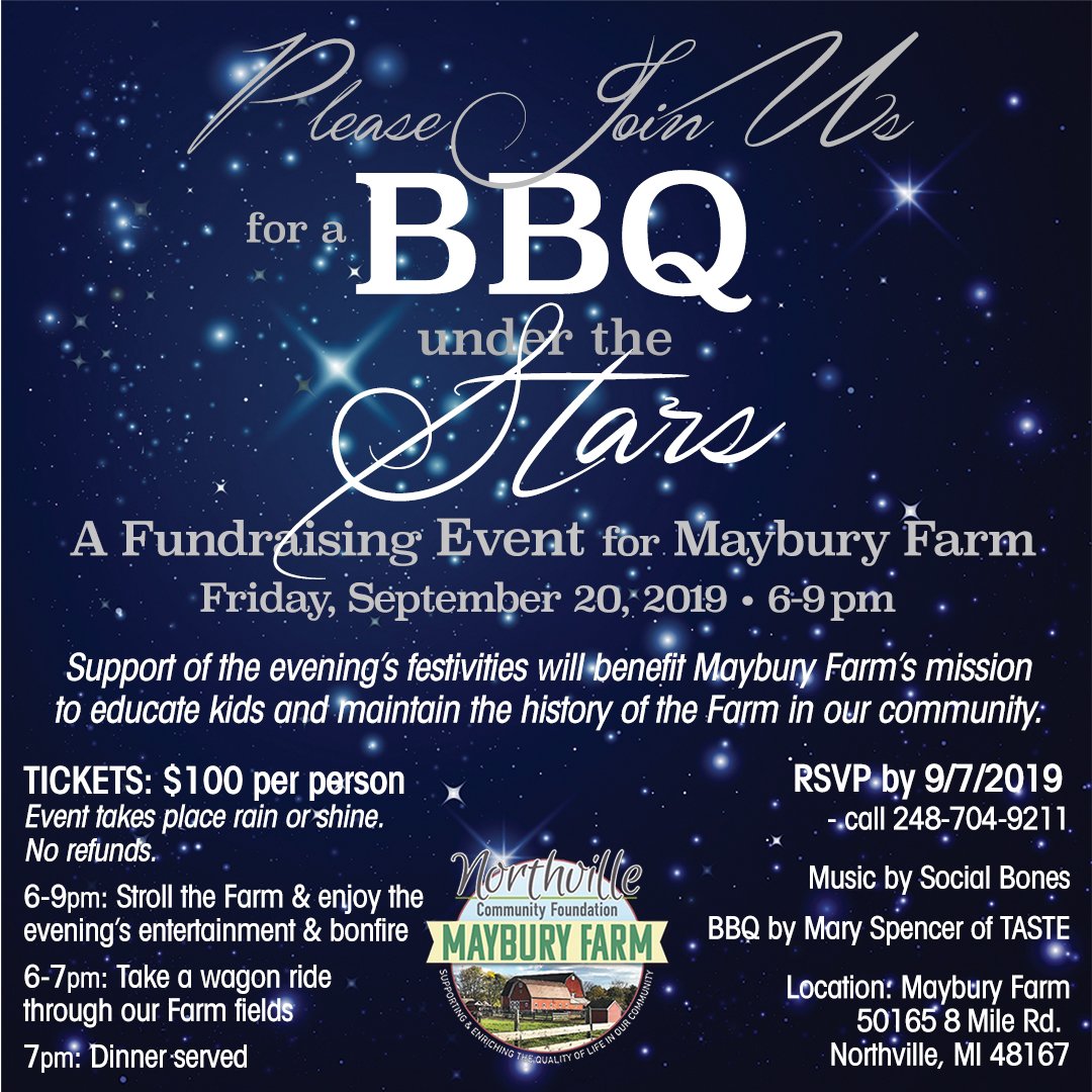 AllThingsNville's tweet photo. Please Join Us for a BBQ Under the Stars! 
.
.
.
#Charity #Northville #BBQ #CharityEvent #NonProfit #MichiganFarm #FarmLife #Education https://t.co/FGiLdLUnr0