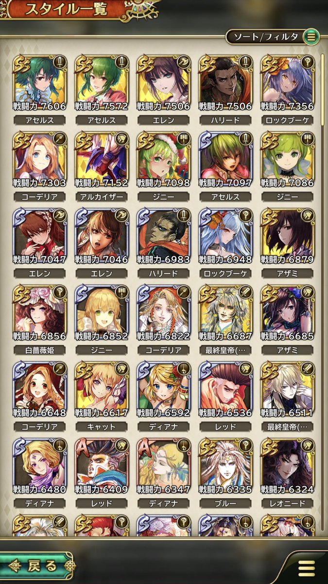 Koh2 アセルスssのスタイルレベル50に 戦闘力も3スタイル 抜いて一気に1位に 8番目にいるジニーはまだ44だから 50になったときにどれだけ上がるか楽しみだ ロマサガrs ロマサガリユニバース