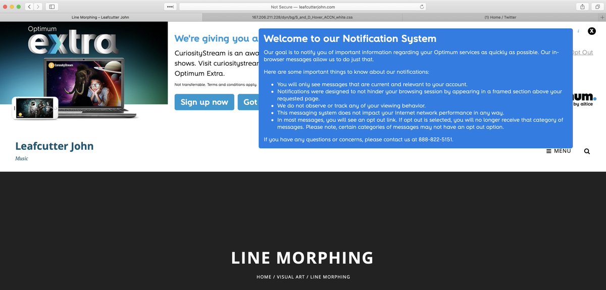 NickColvin's tweet image. Seriously @optimum and @AlticeUSA? Send me an email next time, don't mess with third party HTML to send me marketing messages. Guess I'll finally be signing up with @theTunnelBear.
I shouldn't have to pay for a service to protect me from my ISP. #htmlinjection
