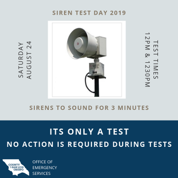 PGE_John's tweet photo. This Saturday, August 24 will be the #SirenTestDay2019. The first test will be conducted at noon, with a second test following at 12:30 p.m. with each test lasting three minutes. Learn more: https://t.co/PA3RckqebX No action is required on the part of the public. #ItsOnlyATest https://t.co/DZZ4CayBM6