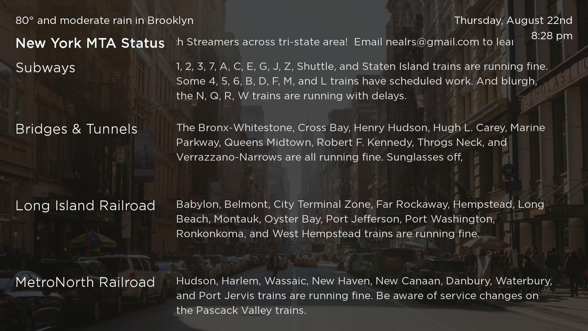 nealrs's tweet photo. for any NYC @RokuDev folks out there, i made a neat screensaver w/ live weather and @MTA updates. It's a beta, but pretty cool https://t.co/pXhYzkqp6D https://t.co/3qnstUzsTG