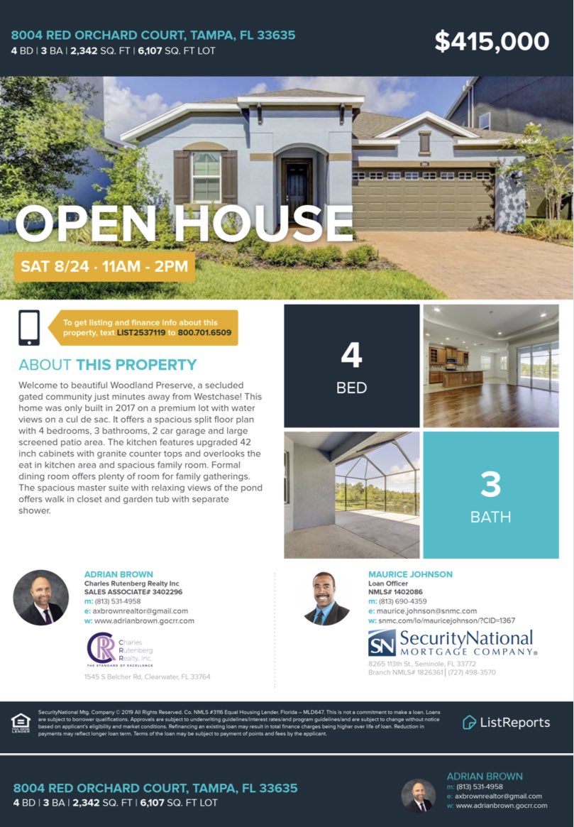 AdrianB_Realtor's tweet photo. #OpenHouse today 11am-2pm. #waterviews Minutes from #westchase 4 beds, 3 baths, 2 car garage. Built in 2017, Gated community #AdrianSellsFLHomes #buyersagent #tampa # https://t.co/Jk6wZLjeWW