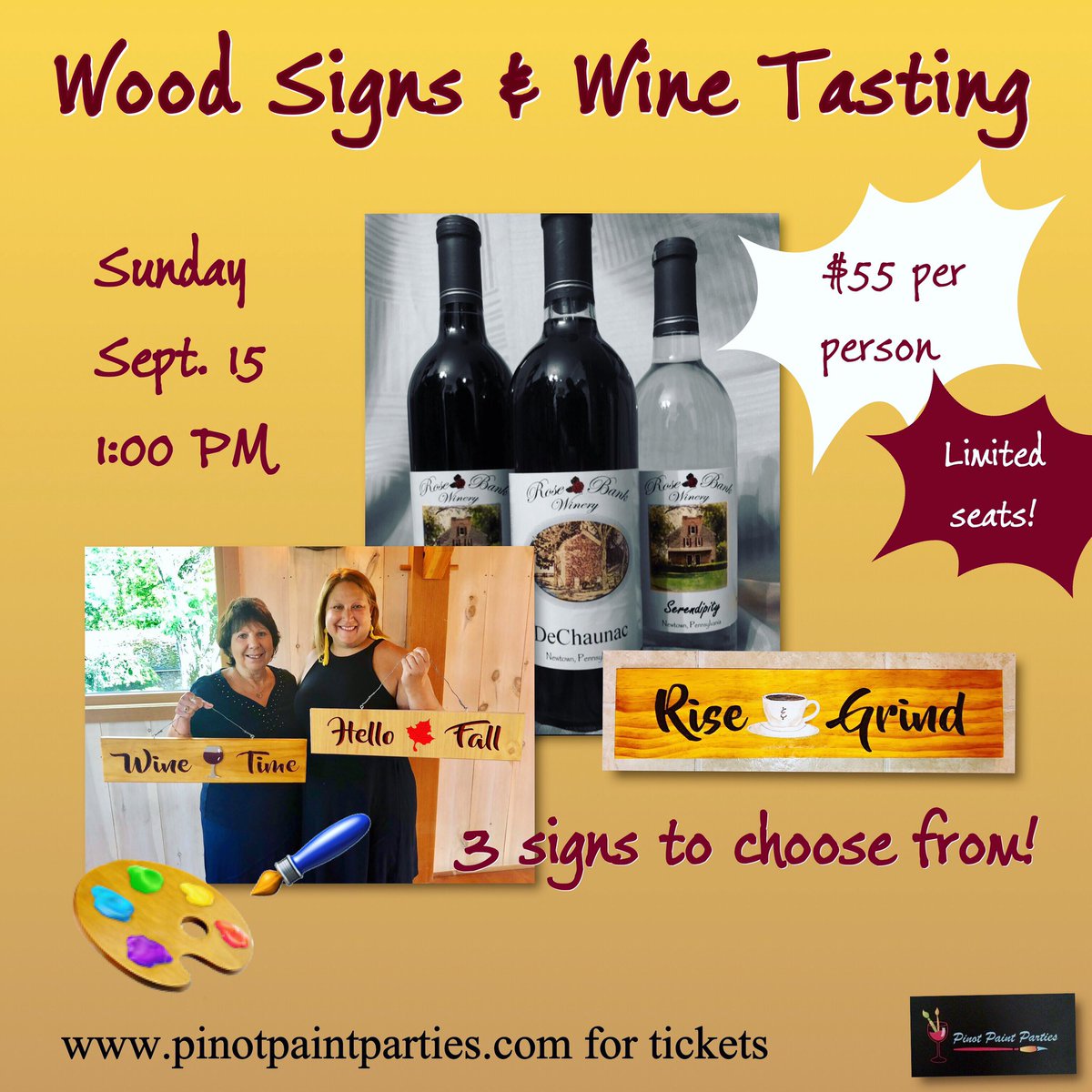 Love wine? Want to make a unique wood sign?  Get at ticket for 9/15 @RoseBankWinery!  Details and tickets on our website. #winetasting #buckscounty #sipandpaint #buckscountywinetrail #thingstodobuckscounty #wineryevent #pinotpaintparties