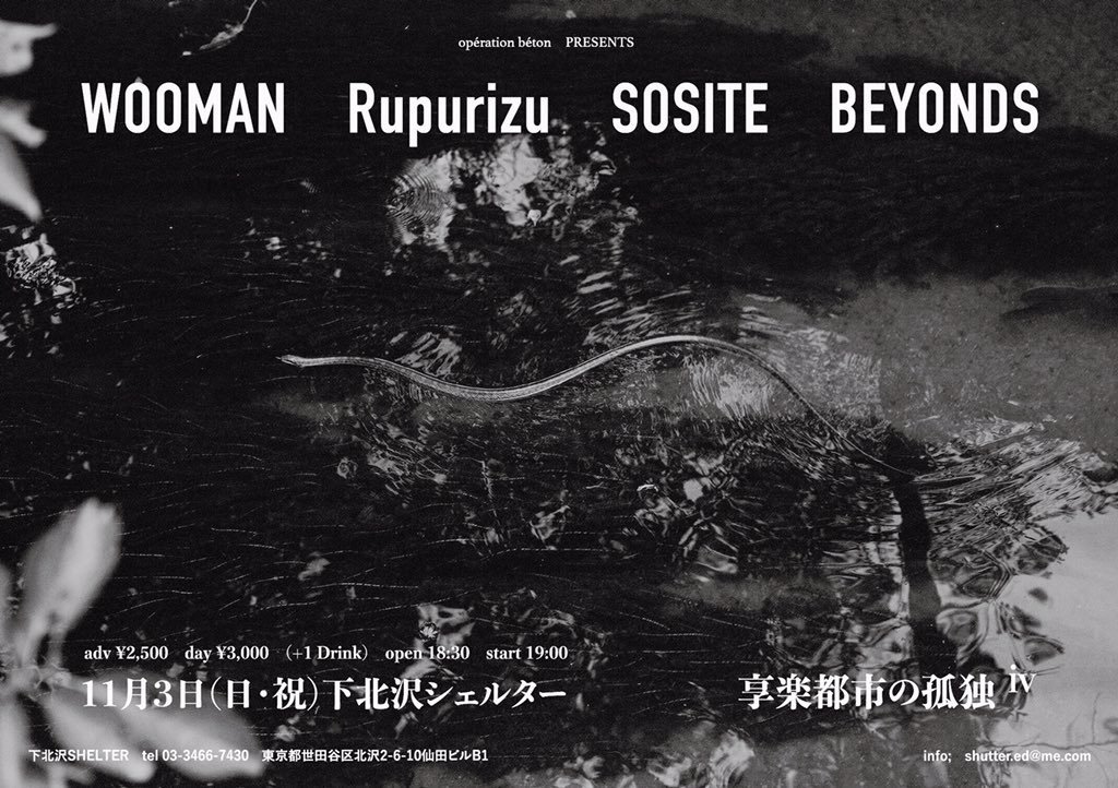 limpress_jp's tweet photo. 【NEWS】11月3日(日・祝)、下北沢シェルターにて『享楽都市の孤独 iv』開催。 出演アーティストは #BEYONDS 、 #SOSITE 、#Rupurizu 、#WOOMAN 。神気漲る四楽団が織りなす夜にご注目あれ
▼記事はこちら
https://t.co/IduKfE9JlR https://t.co/pwZlcla9wu