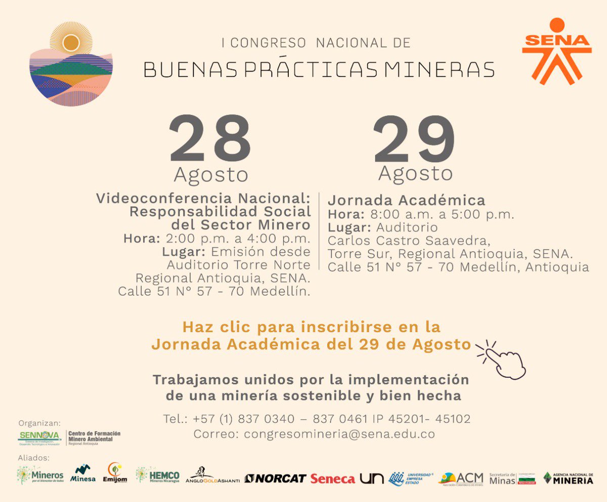 JAIROLEONZAPATA's tweet photo. Desde @SENA_Antioquia invitamos al sector minero a participar del 1er Congreso Nacional de Buenas Prácticas Mineras el 28 y 29 de agosto en la ciudad de Medellín

#LoQueNosUne #SenaConstruye 
@SENAComunica @teorendono https://t.co/q8uuBewrkP