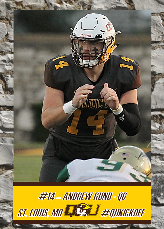 QUHawksFootball's tweet photo. A senior captain and with 3-years of playing experience, Quarterback Andrew Rund leads the offense. #LOU2THEQ from St. Louis Priory High School, he is planning on attending Dental School this next fall! 14 days until #QUKICKOFF #PEWAV #FFF #RIGHTNOW https://t.co/jMGoA9KcAn