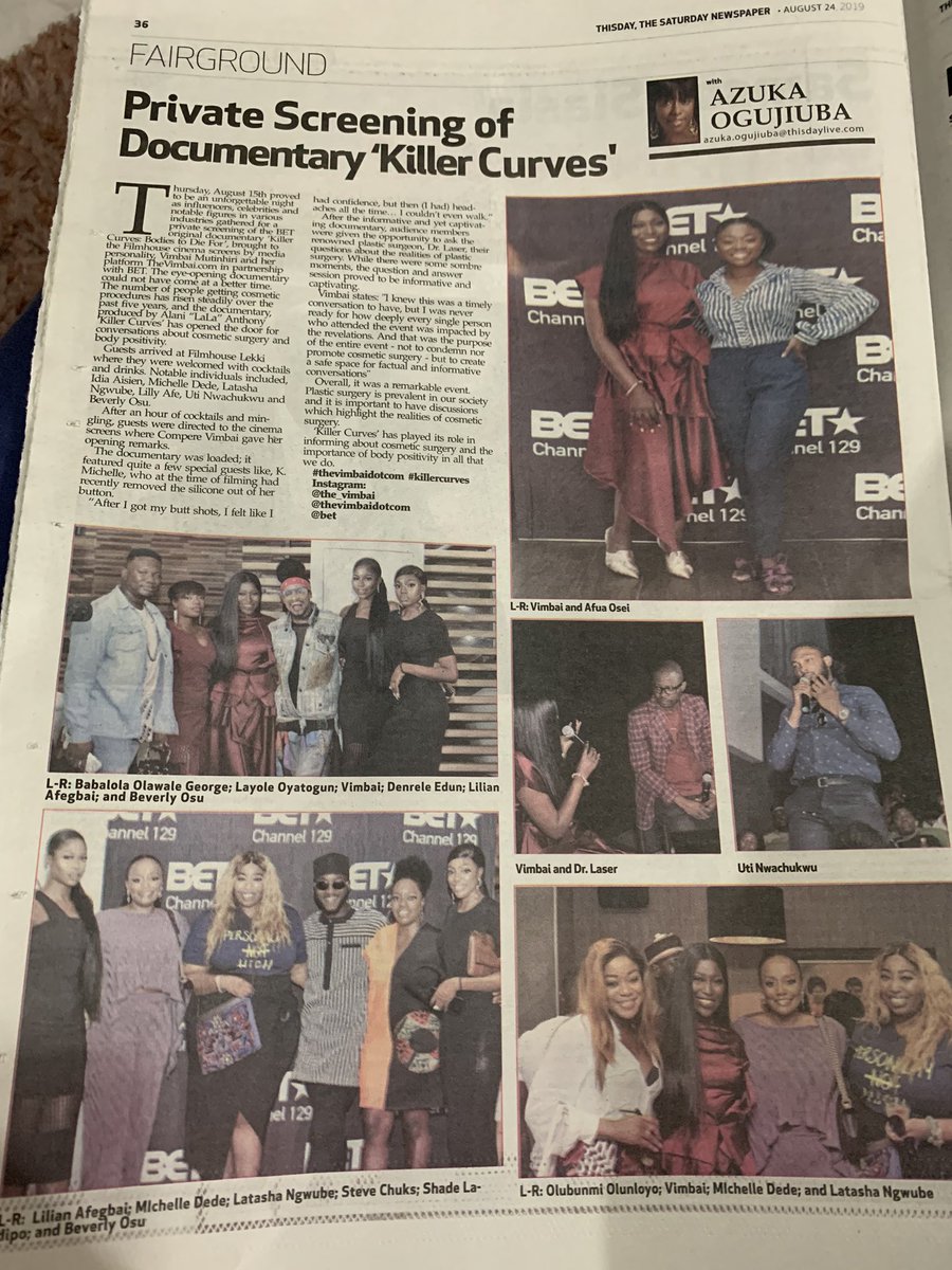 Social_SOME's tweet photo. In the news today!! Killer Curves the private screening @The_Vimbai @thevimbaidotcom @BET_Africa #KillerCurves #ThisDay #ThisDayNewspapers https://t.co/zgflwtZZ01