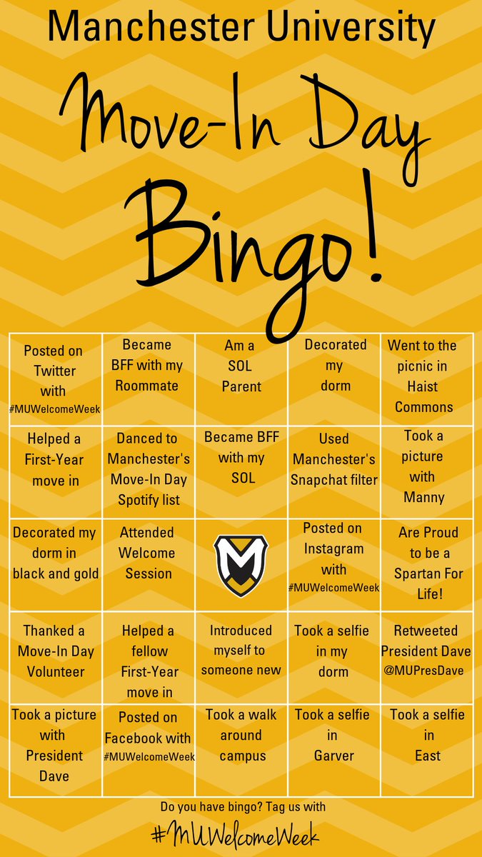 ManchesterUniv's tweet photo. It’s time for Move-In Day bingo! Complete your board and post it using #MUWelcomeWeek for your chance to win Manchester gear!😄 https://t.co/vXhRft30zX