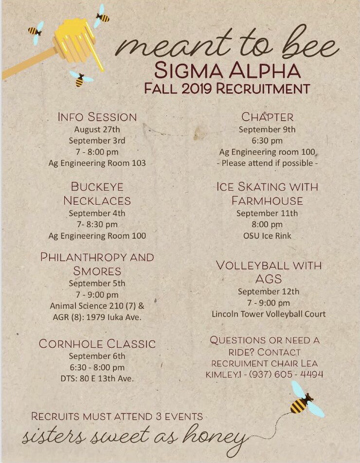 SigmaAlpha_OSU's tweet photo. We are excited to meet the girls that are meant to bee Sigma Alpha this fall! Events start next week 🐝 

Questions? Contact recruitment chair Lea Kimley https://t.co/zmya10qNMf