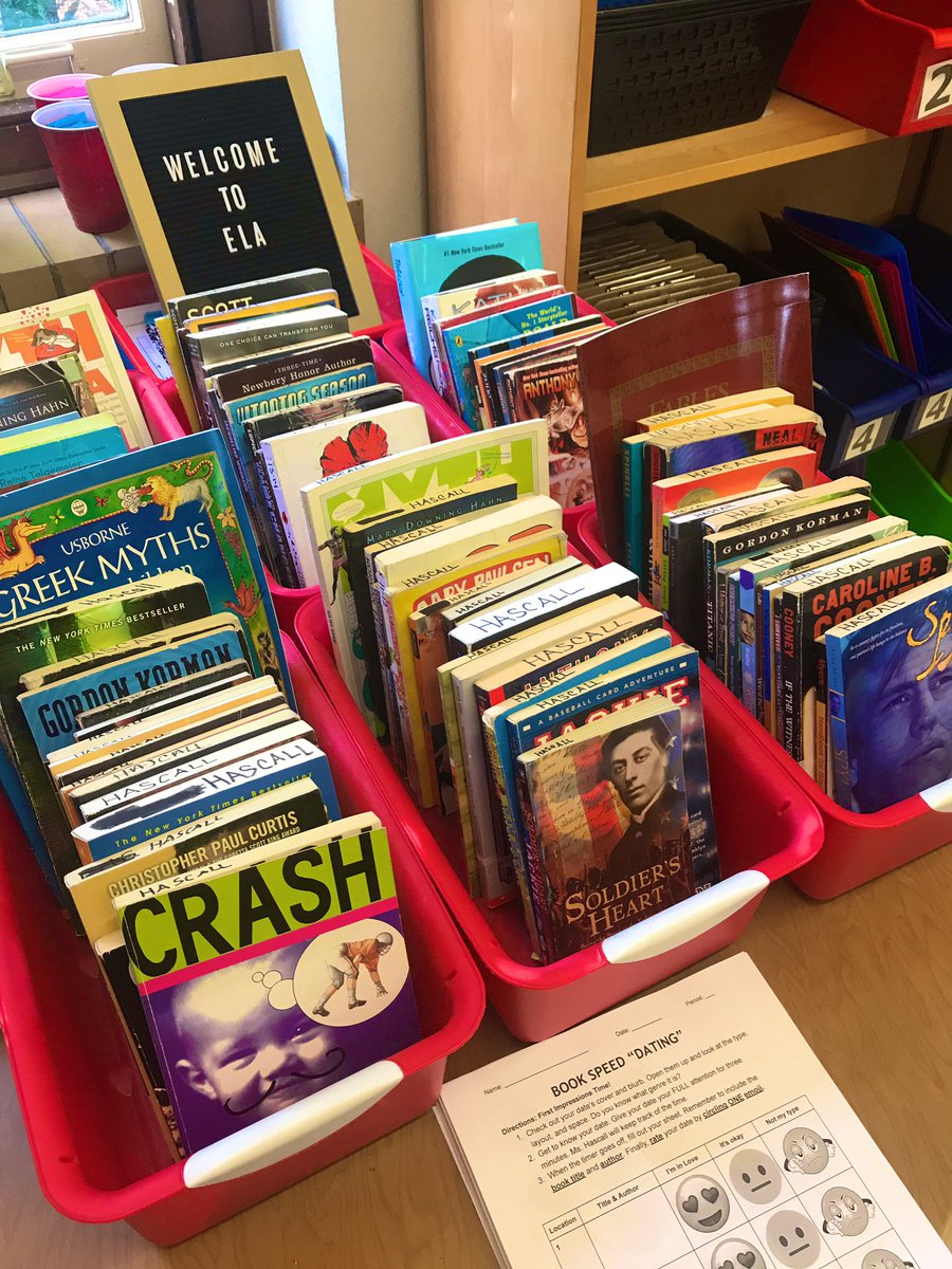 MsHascall's tweet photo. Stayed late on Friday to give my classroom a good cleaning and to get the books ready for “speed dating.” Rate your “date” starts on Monday! 😍😐☹️#FergusonMiddle #FMS #northernlights #8thgrade #ELA #Room119 https://t.co/XgF9wU8nmt