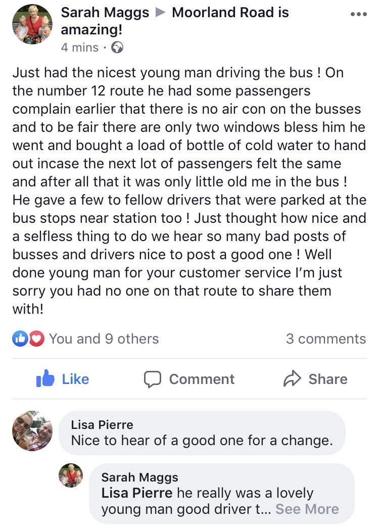 Another lovely comment spotted on <a href="/AmazingMoorland/">Moorland Road</a> 🙂
Well done to the bus driver on No.12

Stay safe in the summer heat, everyone!