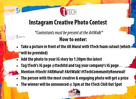 tTechLimited's tweet photo. tTech gives you an opportunity to show off your creative photo style on Instagram. To enter this contest, you must be present at the Artwalk at 11am tomorrow. Who will be the winner? @kgncreative @dempsterchung
#tTech! #ArtWalk! #ARMural! #CommunityRenewal! https://t.co/gJqm8ks1OS