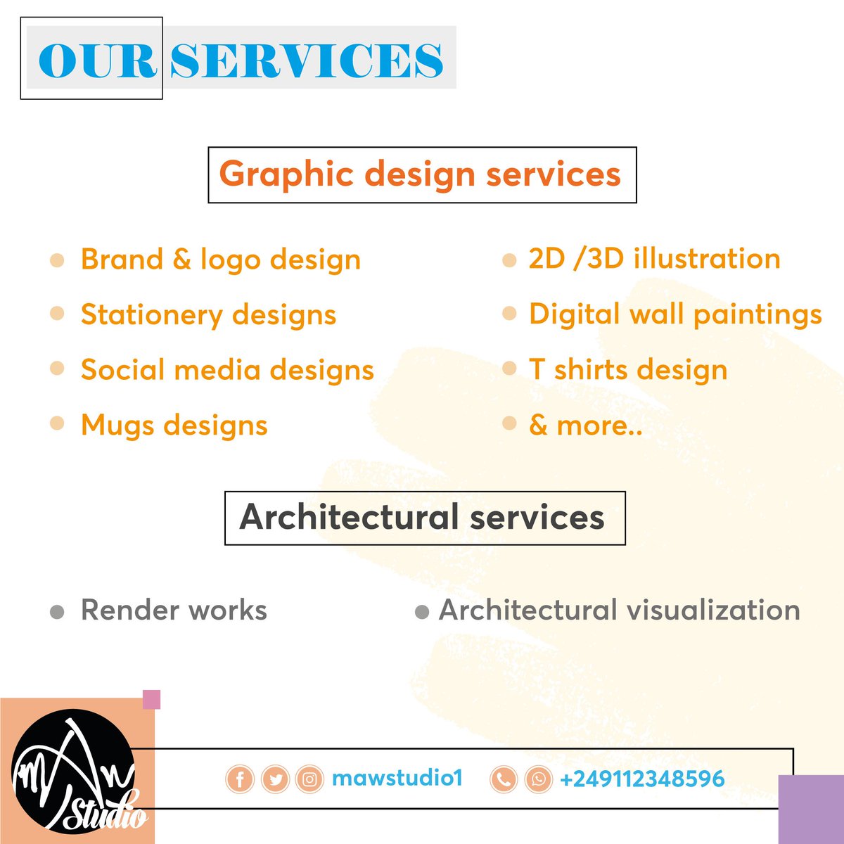 mawstudio1's tweet photo. بنقدم ليكم في MAW STUDIO خدمات كتيرة في الجرافيك والعمارة ..سواء تصميم شعارات وهويات تجارية او تصاميم لي لوحات حائطية ..وكمان خدمات الرندر والاظهار المعماري ..وخدمات اخرى..
اتواصلو معانا الان !! https://t.co/B9MslJpsrf