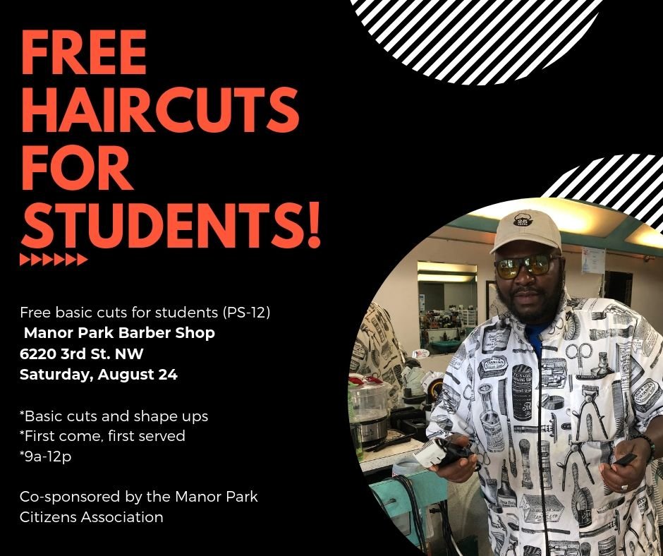 Don is in the building! Ready to freshen you up for #BackToSchool2019 
Manor Park Barber Shop * 6220 3rd St. NW * Free cuts for kids * 9a-12p
<a href="/dccoolidgeshs/">Coolidge SHS DCPS</a> <a href="/dcpcsb/">DC PCSB #DCCharterProud</a> <a href="/WhittierECSTEM/">WhittierES STEM</a> <a href="/PaulPCS/">Paul Public Charter School</a> <a href="/IdaBWellsMS/">Ida B. Wells Middle School</a> <a href="/BrightwoodCADC/">Brightwood Community</a> <a href="/Brightknowsbest/">Semanthe Bright</a>