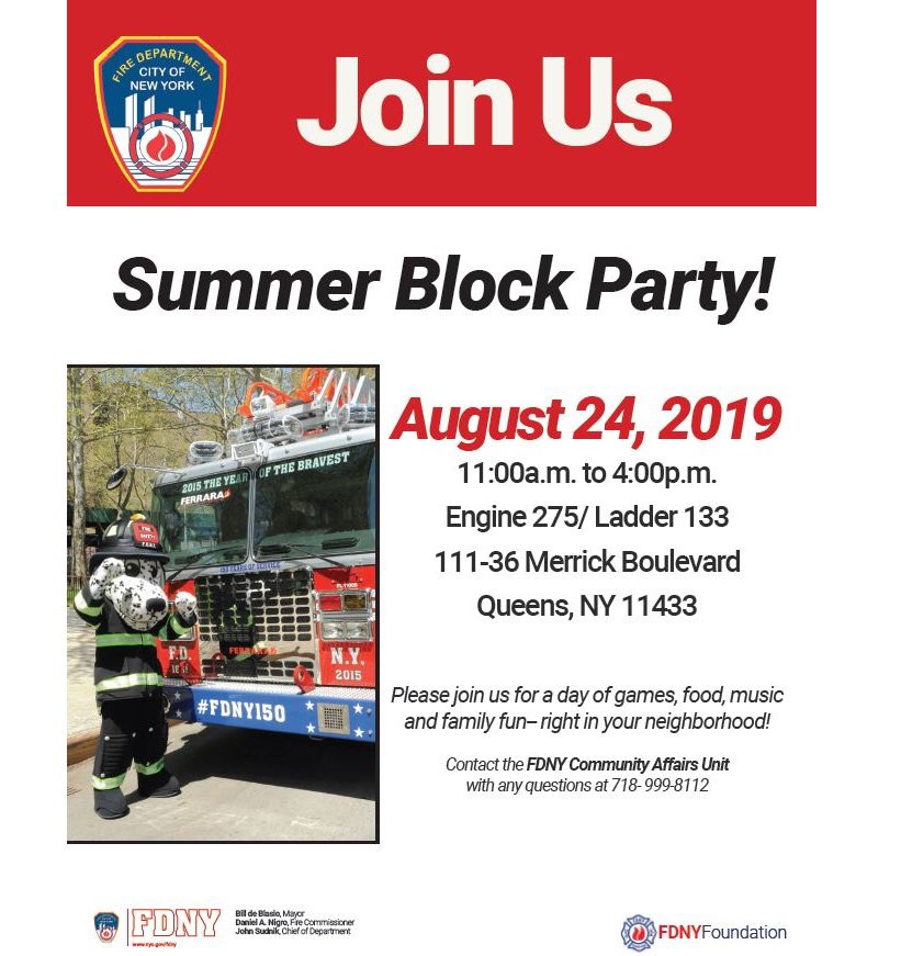 FDNY's tweet photo. Join us TODAY at the #FDNY Block Party in #Queens! Visit #Engine275 and #Ladder133 at 111-36 Merrick Blvd from 11am-4pm. https://t.co/R3B2qqujDV
