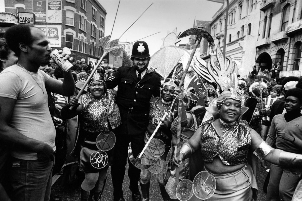 So excited to see all of the  #NottingHillCarnival costumes today! Here’s a thread about how a London race riot + the tenacity of Black immigrants in the UK led to the creation of the  #NottingHillCarnival 