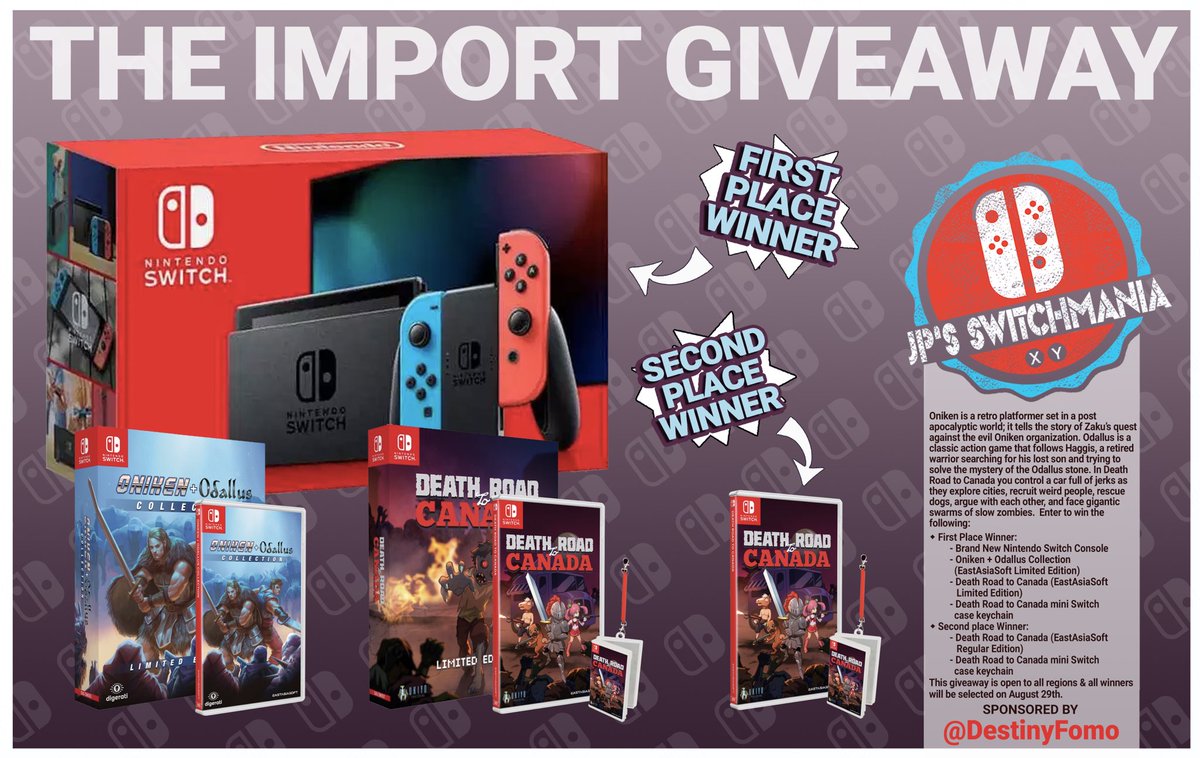 JPSWITCHMANIA's tweet image. 🔥 IMPORT GIVEAWAY🔥 

We have been loving the releases coming from @playasia and @eastasiasoft so much that we want to share them!

✅ Follow @JPSWITCHMANIA 
✅ Subscribe to @DestinyFomo: youtube.com/channel/UC__A1…
✅ Like &amp;amp; RT

Open to all &amp;amp; winners picked 8/29. 

#SwitchCorps