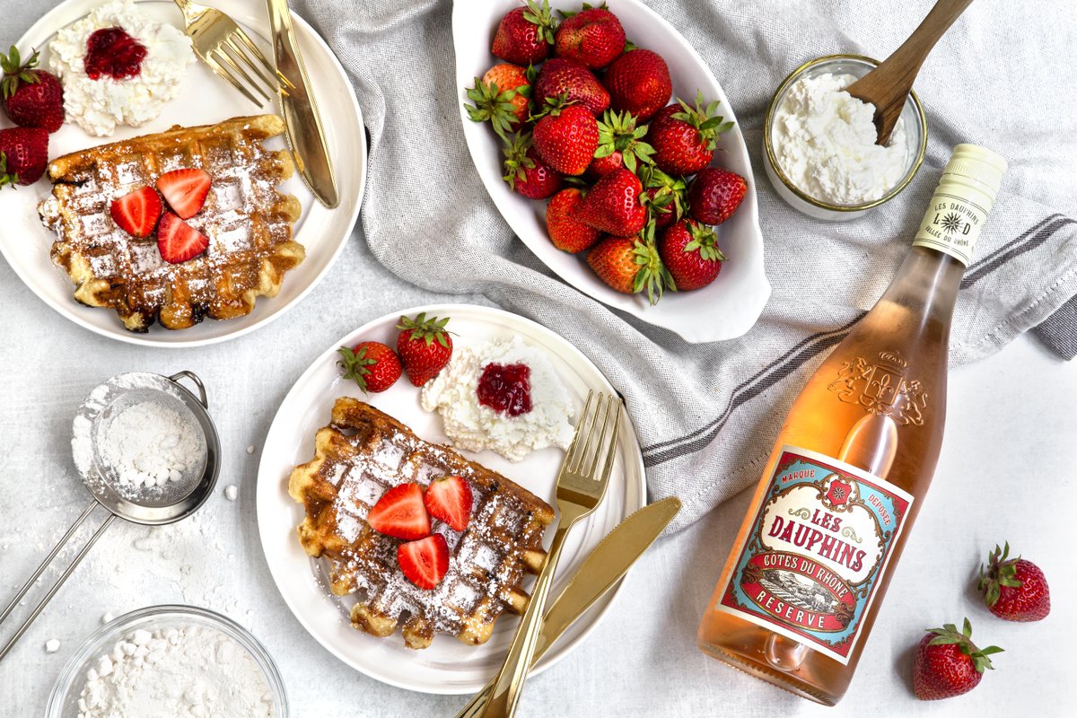 Brunch in style on #NationalWaffleDay with these strawberry and ricotta-topped homemade waffles, paired with a chilled bottle of Les Dauphins Rosé.