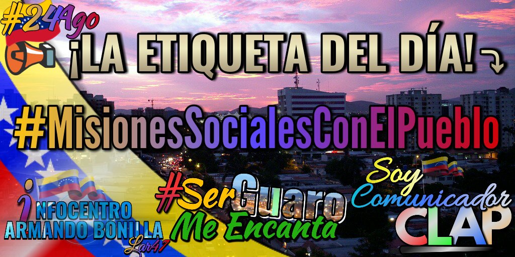 Clap_5deJulio's tweet photo. #24Ago | 📢 ¡LA ETIQUETA DEL DÍA! ⏩ #MisionesSocialesConElPueblo

El Gobierno Bolivariano se mantiene desplegado, llevándole atención social y velando por el bienestar de los hogares más vulnerable. #SoyComunicadorCLAP #SudaLara #SerGuaroMeEncanta 
(Desde: @BonillaLar47 ) https://t.co/nukHuadHMf