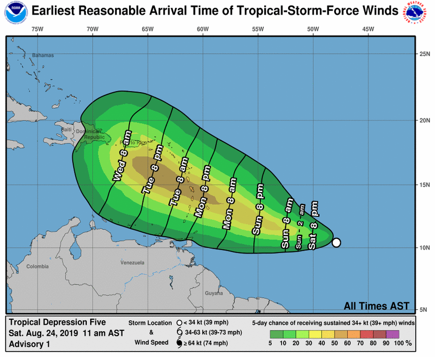 NHC_Atlantic's tweet photo. Interests in the central and northern Lesser Antilles should monitor the progress of TD 5, as tropical storm conditions could begin as soon as Monday evening in those areas. See more information at https://t.co/tW4KeGdBFb https://t.co/WUDISUkBu3