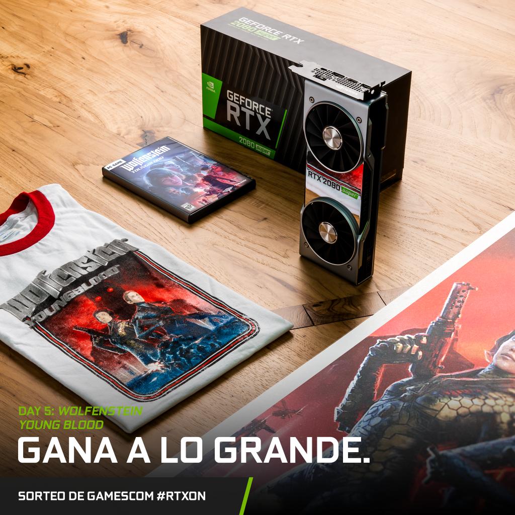 Día 5 de nuestros sorteos #RTXOn con motivo de Gamescom. Gamescom ¡Hoy toca Wolfenstein: Youngblood! Comparte y comenta cualquiera de nuestras publicaciones de hoy para ganar el pack que ves en la imagen, la RTX 2080 Super también está incluida 😉