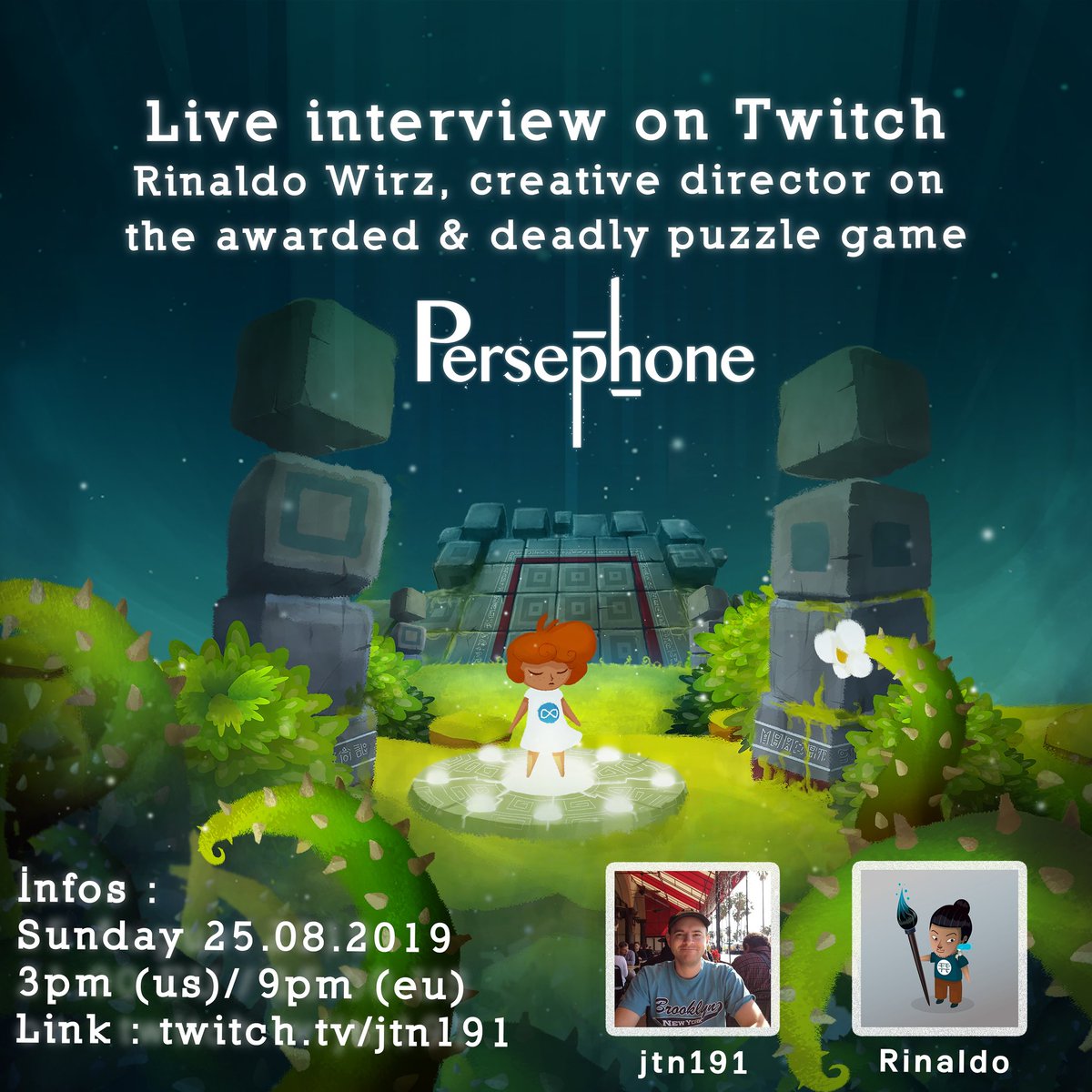 Live talk around <a href="/PersephoneGame/">Persephone - Immortal Puzzle Game</a> with <a href="/ryofougere/">Rinaldo Wiz / Momo-Pi Studio</a> and <a href="/jtn191/">Jeff (jtn191)</a> tomorrow August 25 2019 on twitch.tv/jtn191 !

3pm in the US
9pm in Europa (Swiss time)
4am Japan 

#IndieGameDev #livestream #mobilegame