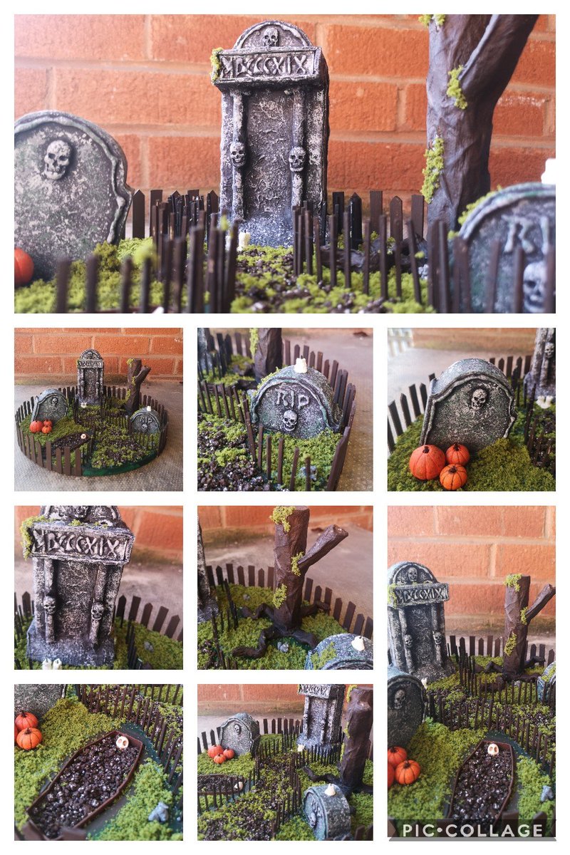 LilHobbitses's tweet photo. My latest finished project for work 😊 Quite pleased with how it turned out. Used the 15cm mache Halloween gravestones from @Hobbycraft_LDS and a few other bits 🖤 #halloween2019 #crafting https://t.co/WJvyaxpwwV