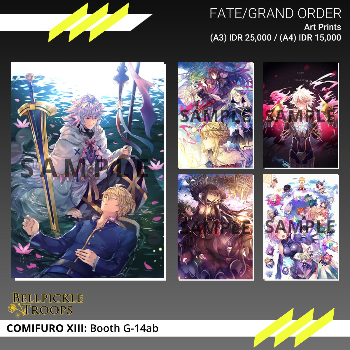 Bellpi_Troops's tweet photo. [THREAD] Hi, guys! Here's our line-up for the upcoming @comifuro XIII~

We have quite a bunch of new stuffs here, including some very limited items. Feel free to take a look ^^b 

#Comifuro #ComifuroXIII #CF #CFXIII #FGO #FateGrandOrder https://t.co/wfUr44tXIF