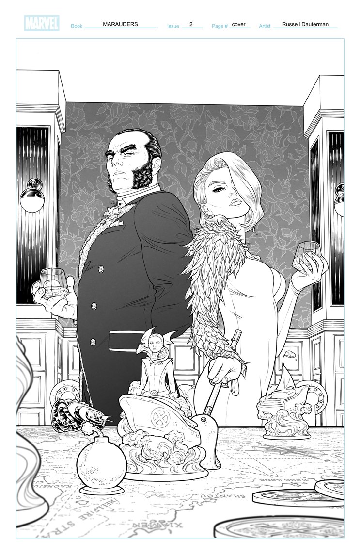 MARAUDERS #2 cover, line art + closeups ??

The wallpaper is my favorite bit. ? 