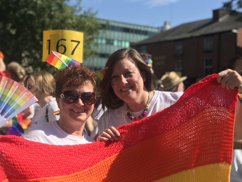 NettiMAndrews's tweet photo. Knitted #Pride flag at the ready! #StantecPride https://t.co/qe6pLcVwXe