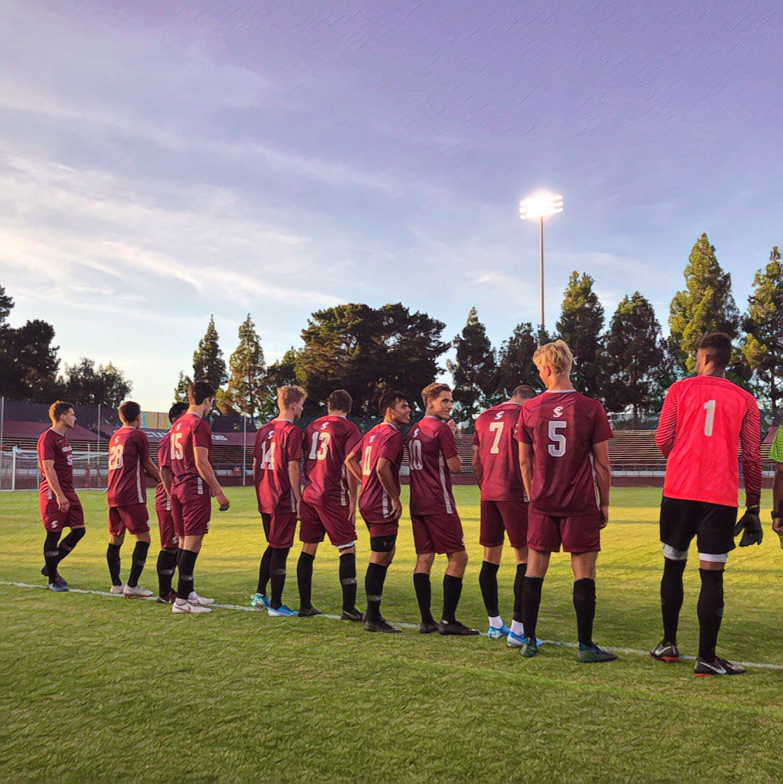 SCUBroncoSoccer's tweet photo. Starting XI under the lights at Stevens Stadium.  #StampedeTogether https://t.co/wUVynT30MD